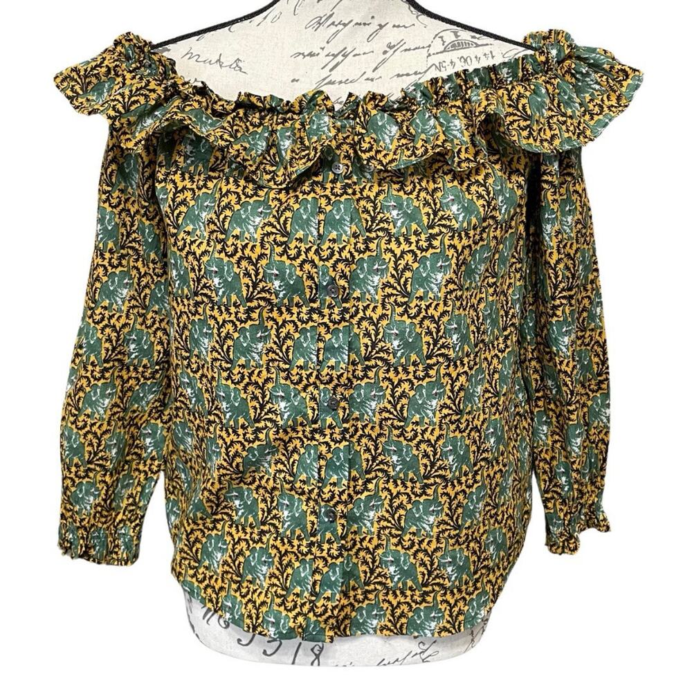 J.Crew Off Shoulder Ruffle Blouse Women’s Size 4 Ratti Elephant Print 3/4 Sleeve
